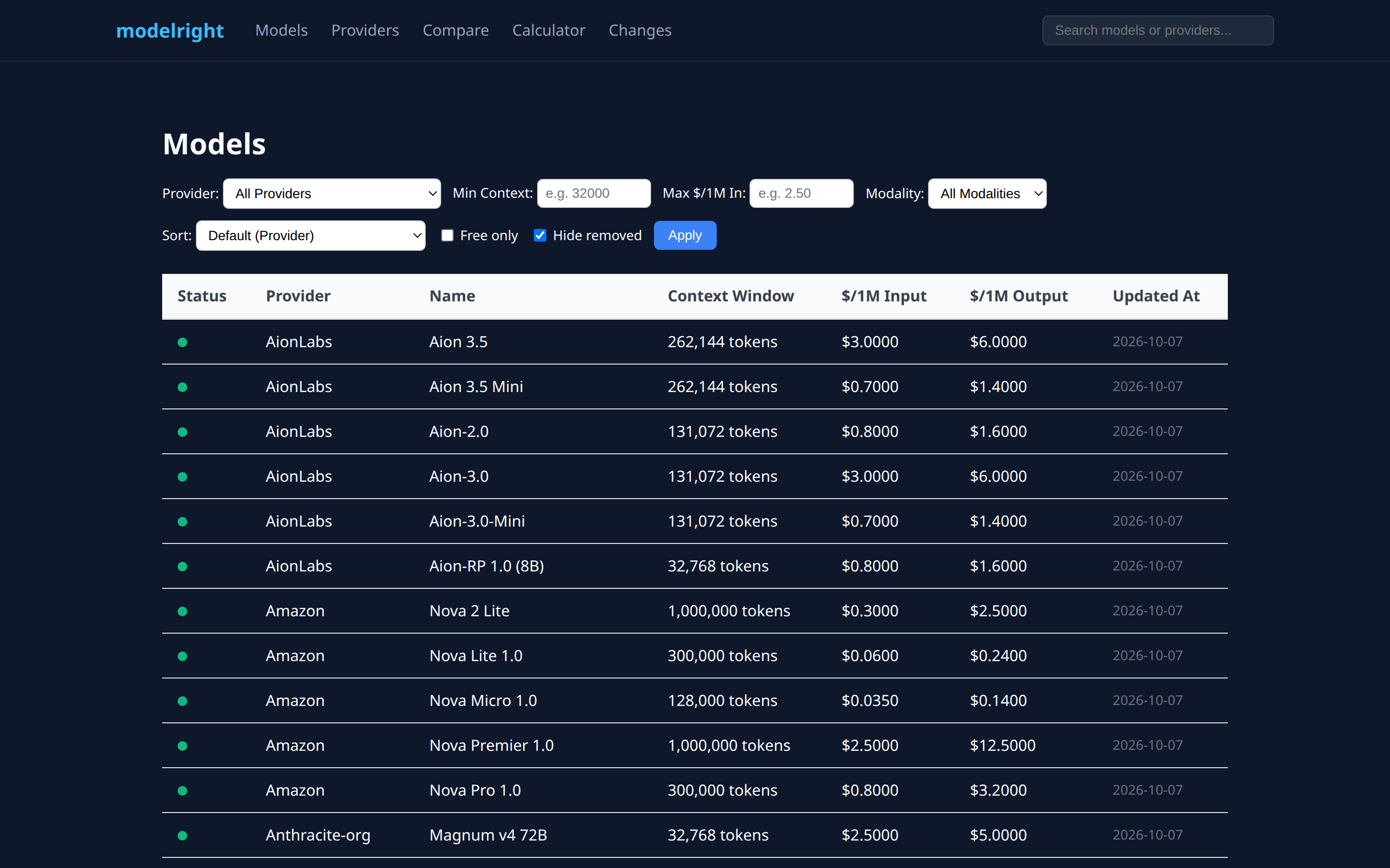 modelright.dev — AI model specs, context windows, and token pricing across providers