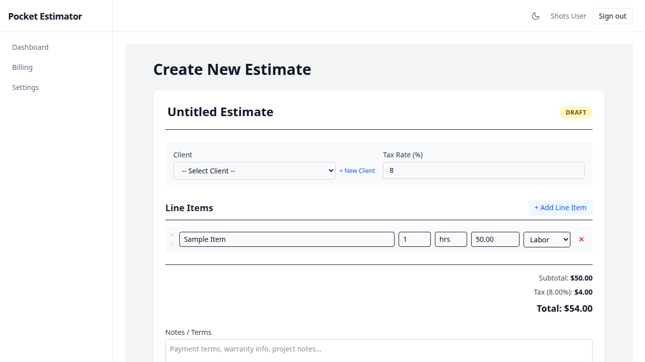 Pocket Estimator's estimate builder: client details, line items with quantities and rates, totals panel, and PDF/email actions