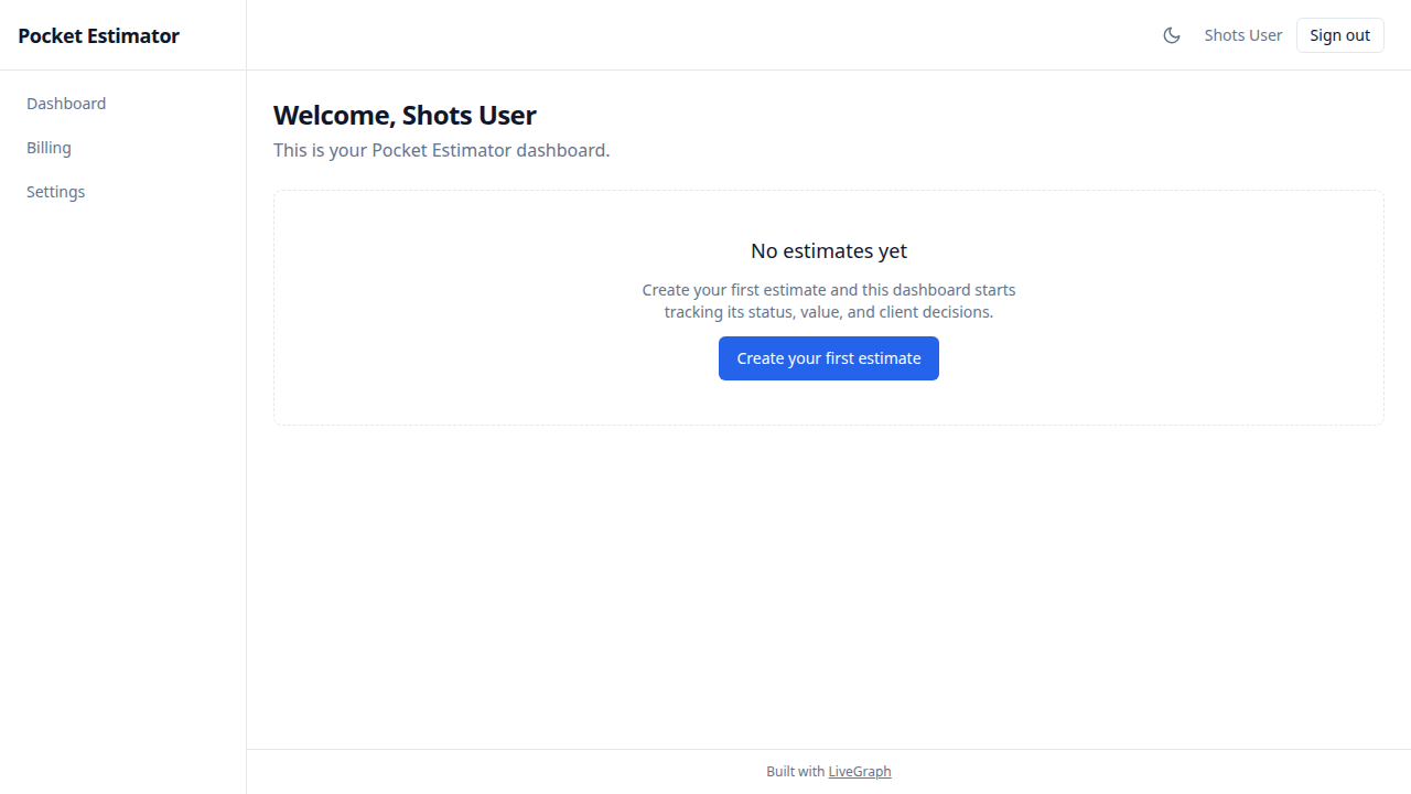 Pocket Estimator's signed-in dashboard: estimate pipeline with sent, approved and declined counts, recent estimates, and a new-estimate action
